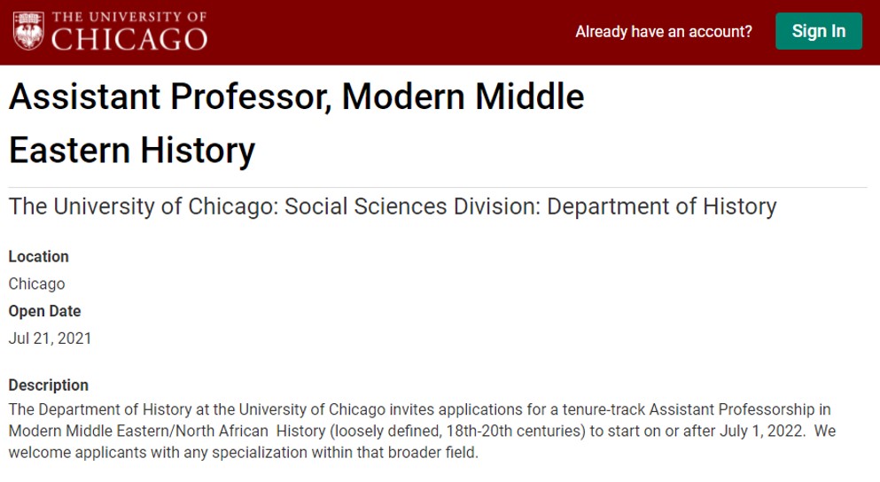 📢 Job announcement: Assistant Professor in Modern Middle Eastern History/North African History @UChicagoHistory @UChicagoSSD bit.ly/372DHm6 #MiddleEasternHistory #NorthAfricanHistory #middleeasthistory #History #historyjobs #twitterstorians