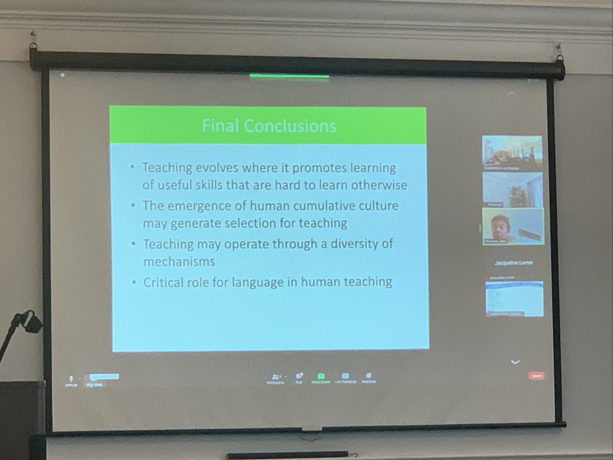 cooperationlab's tweet photo. To start off our last session, Alex Thornton discussed his work on the evolution of teaching and its role in cumulative culture. We learned about how teaching evolves when it promotes learning of useful skills that would be otherwise hard to learn  #buildingvirtue https://t.co/NJXPkCPntE