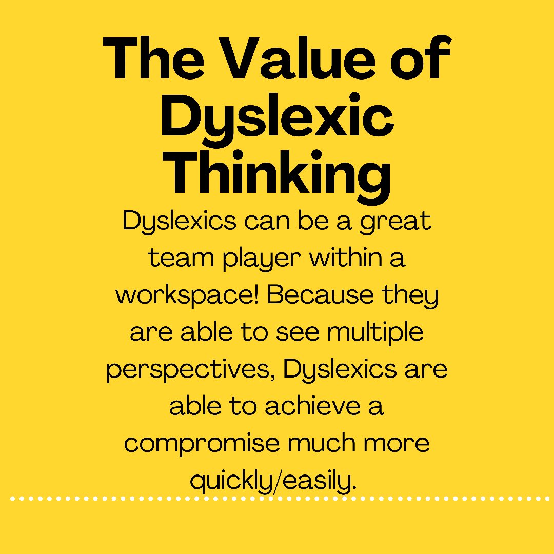 Having a Dyslexic on your work or school team/group can be a great benefit! They will be understanding, empathetic, creative, &amp; original in their approach!💡#learndifferent