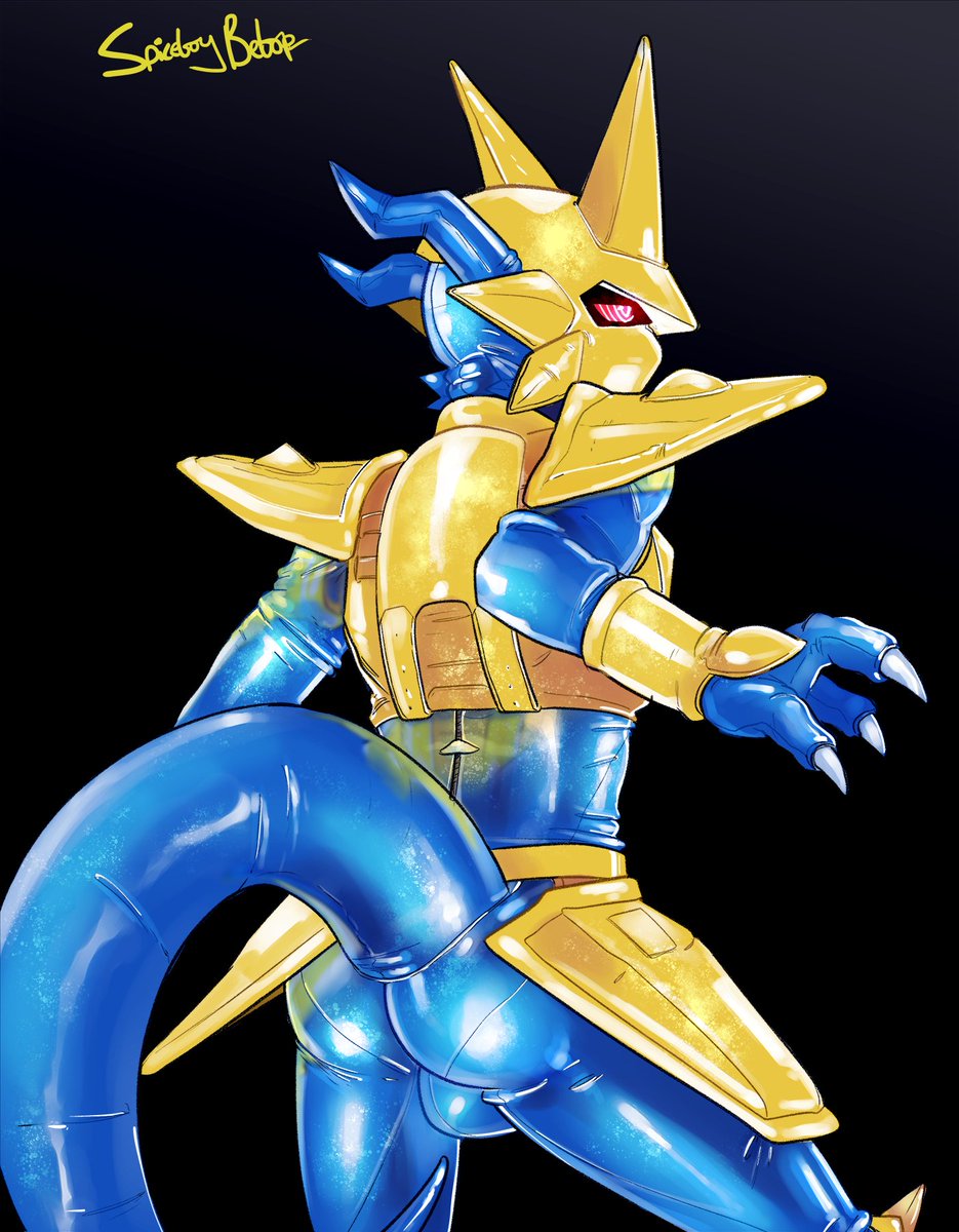 A rare view of basically completely covered human form, stuck in a shiny Magnamon suit. He may have been worried at first but... It doesn't seem like he minds now~.

[🎨: @/SpiceboyBebop | Gal: furaffinity.net/view/42974732/ ]