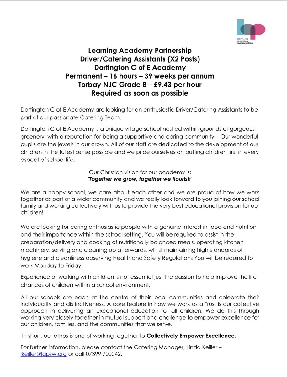 Come and join our wonderful catering team in Dartington 😊<a href="/LAPacademies/">LAP</a> <a href="/DartingtonLAP/">DartingtonLAP</a>