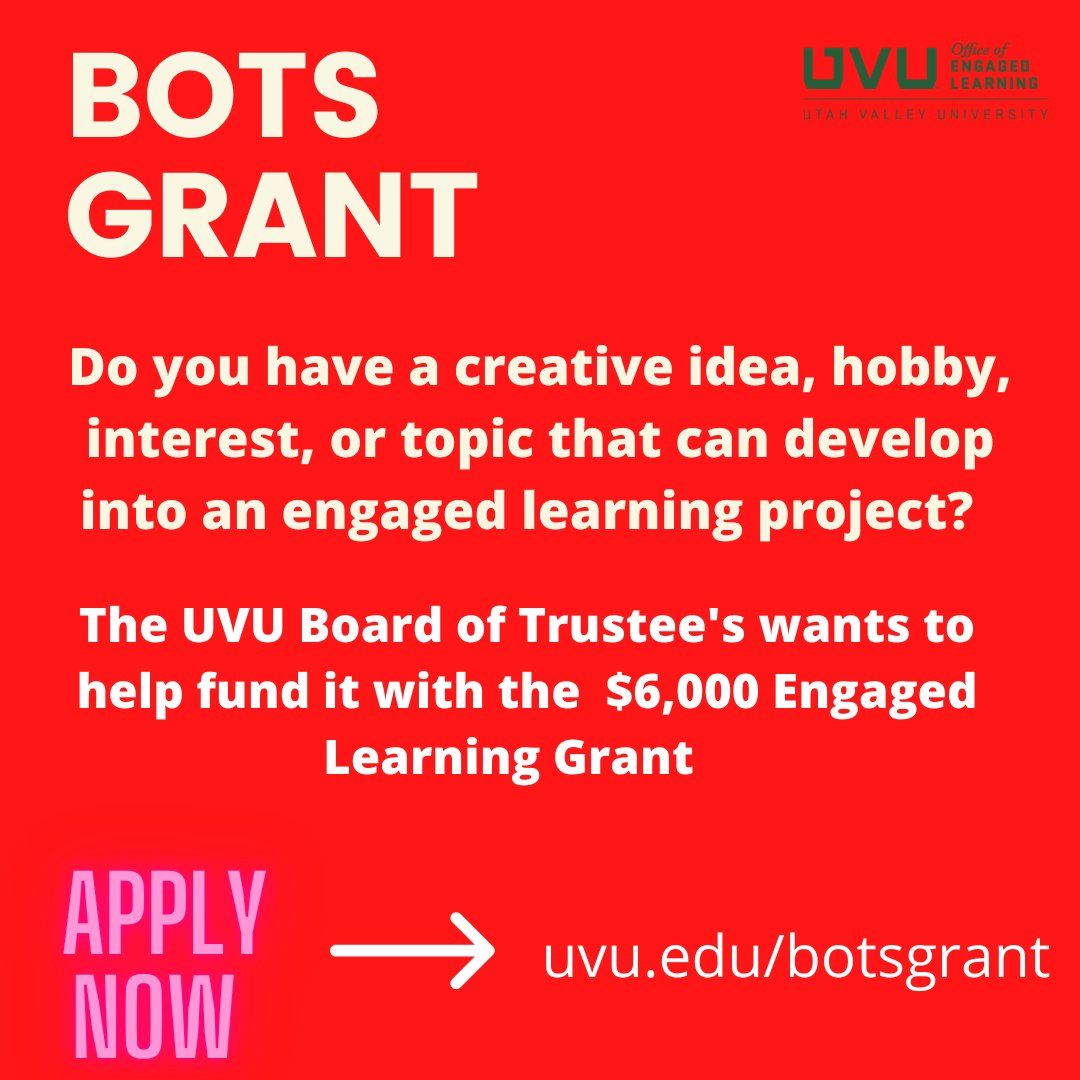 EngagedLearnUVU's tweet image. Fall Semester is right around the corner. Get the most out of your education by participating in the Board of Trustee's Engaged Learning Grant. Applications are due the end of September.