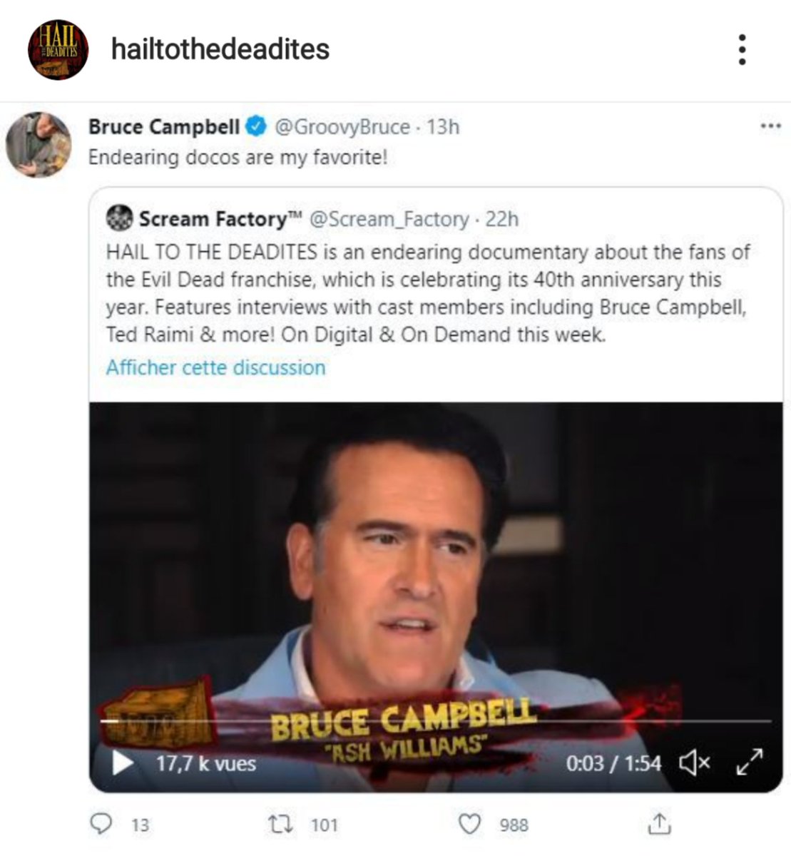Z0MBRI's tweet photo. Hail to the Deadites is now available for all residents of the states through the Scream Factory digital and on demand service. Go check it out and come back to us with your comments. We want to know what you thought of it. Bruce approved. https://t.co/F3Imo7VVCm