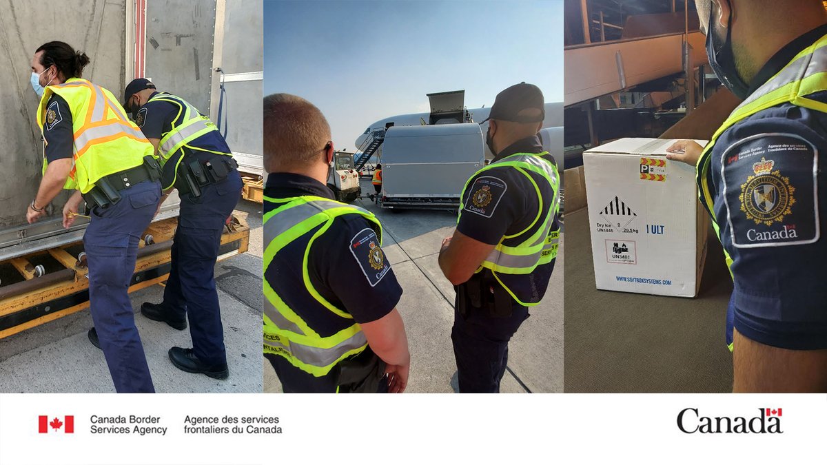 CanBorder's tweet photo. The arrival of the 66 millionth #Covid19 vaccine dose in Canada took place on July 25! #CBSA officers ensured expedited clearance @flyyhm of this milestone, which now allows every eligible person in Canada to be fully vaccinated. https://t.co/eQspVV9AYR