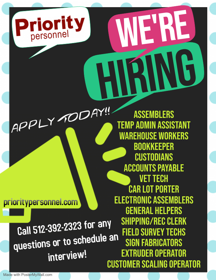 ppijobs's tweet image. Looking for work or know someone who is?  Priority Personnel has over 80 JOB OPENINGS with employers in the San Marcos and surrounding areas!