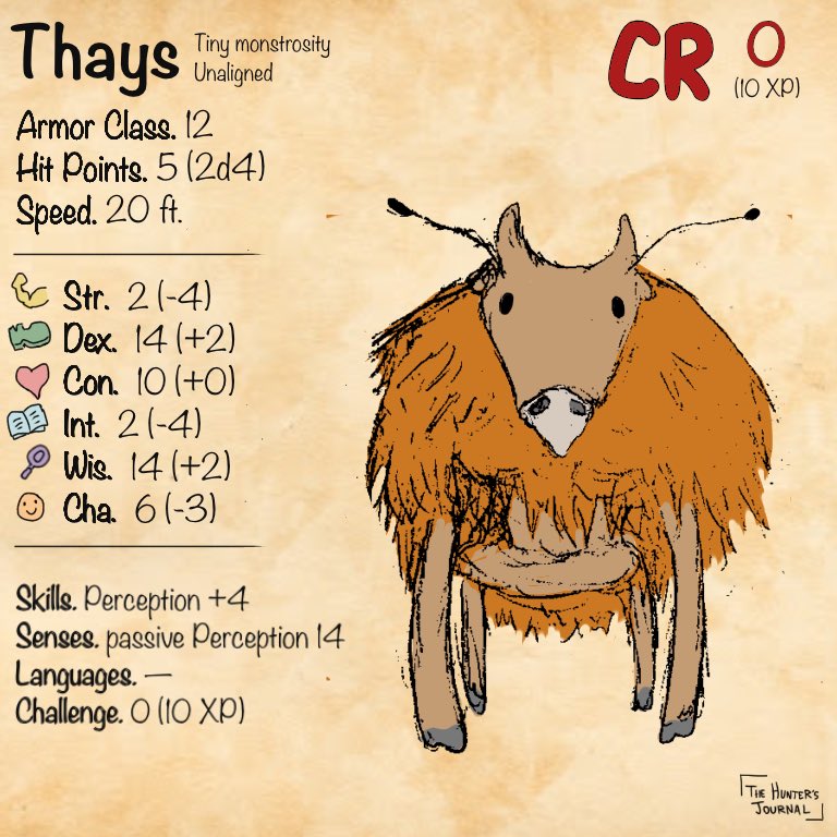 TheHuntersJour1's tweet photo. An original monster — the Thays! The Thays can be found in dry and arid regions. They have a strong sense of smell and an extremely sensitive tongue that can sense lingering traces of creatures that have passed through an area previously.

#DnD #dndhomebrew #statblock https://t.co/9OV5dU1Piq