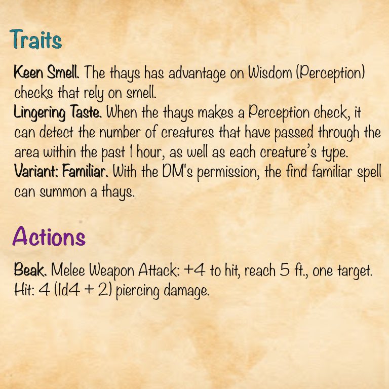 TheHuntersJour1's tweet photo. An original monster — the Thays! The Thays can be found in dry and arid regions. They have a strong sense of smell and an extremely sensitive tongue that can sense lingering traces of creatures that have passed through an area previously.

#DnD #dndhomebrew #statblock https://t.co/9OV5dU1Piq