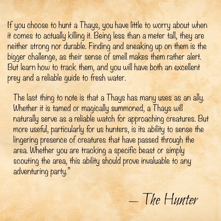 TheHuntersJour1's tweet photo. An original monster — the Thays! The Thays can be found in dry and arid regions. They have a strong sense of smell and an extremely sensitive tongue that can sense lingering traces of creatures that have passed through an area previously.

#DnD #dndhomebrew #statblock https://t.co/9OV5dU1Piq