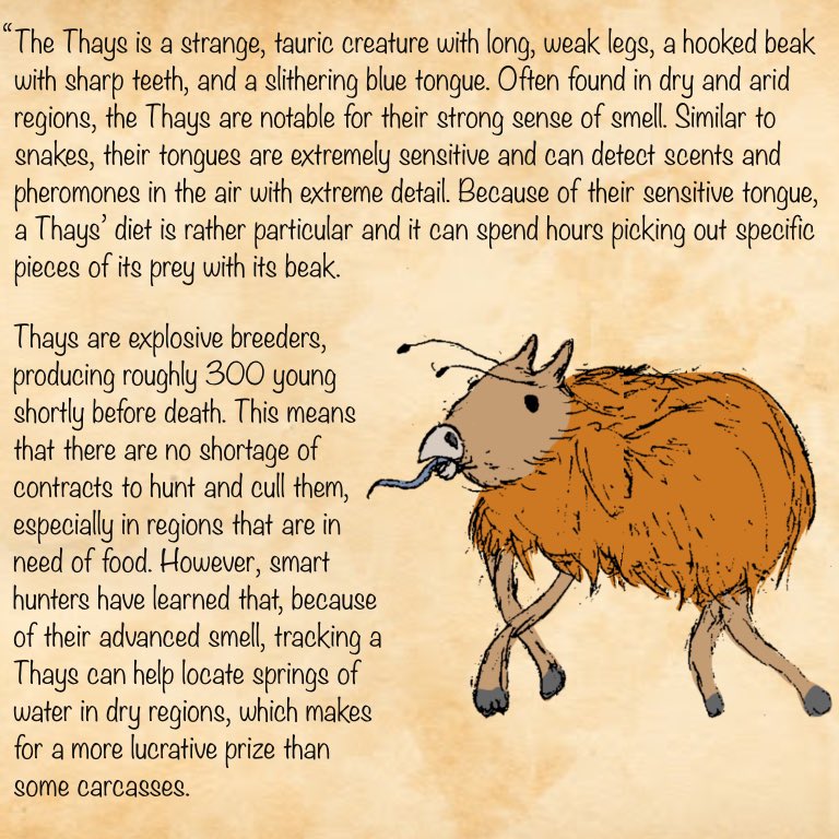 TheHuntersJour1's tweet photo. An original monster — the Thays! The Thays can be found in dry and arid regions. They have a strong sense of smell and an extremely sensitive tongue that can sense lingering traces of creatures that have passed through an area previously.

#DnD #dndhomebrew #statblock https://t.co/9OV5dU1Piq