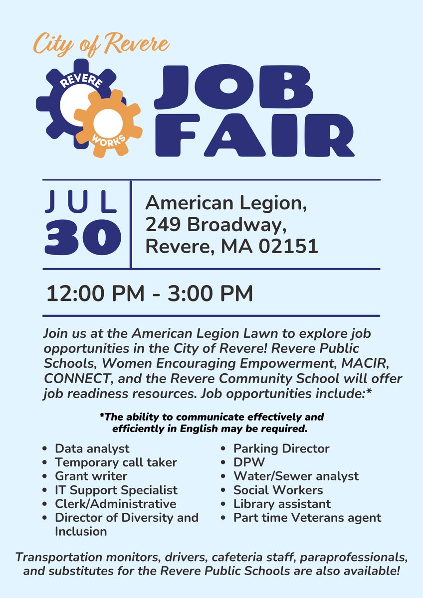 Revere311's tweet photo. Join us this Friday at the @RevereWorks Job Fair! RSVP here: https://t.co/RsdGhg00XO 🧑‍🏭🧑‍⚕️👷‍♂️👨‍💼 https://t.co/WdpAhOhzJR