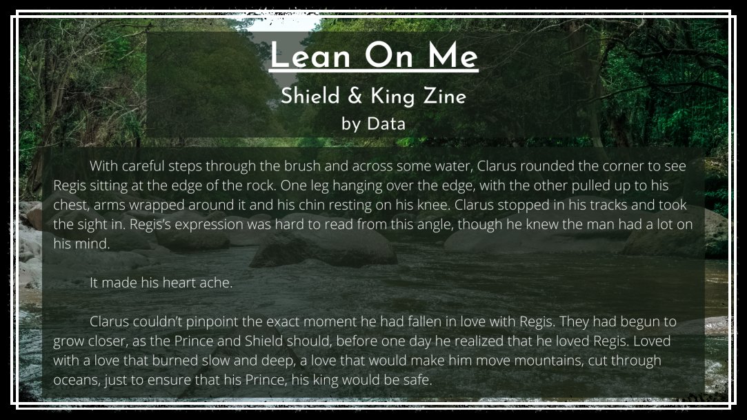Data_HEX's tweet photo. Here is my preview for the @ShieldandKing zine.
My piece is for the #regclar ship.
I really enjoyed writing younger Clarus & Regis, along with seeing everyone else's pieces come to life. It really is an amazing zine!
Preorders are open until August 13th! https://t.co/5EtWKOa48L