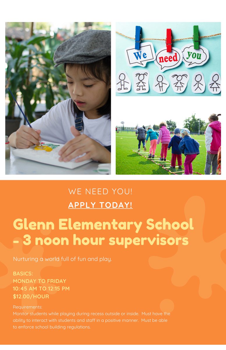 We are looking for 3 Noon Hour Supervisors.  Apply TODAY!