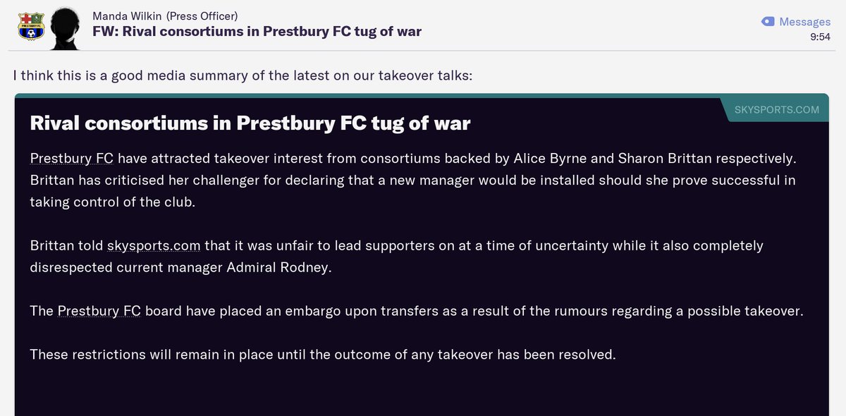FM21Story's tweet photo. Take Over Rumours are gathering pace now that we are @premierleague it makes no surprise.  Interesting how one consortium wants the manager who has taken them there sacked!! https://t.co/PIbylrd2TB