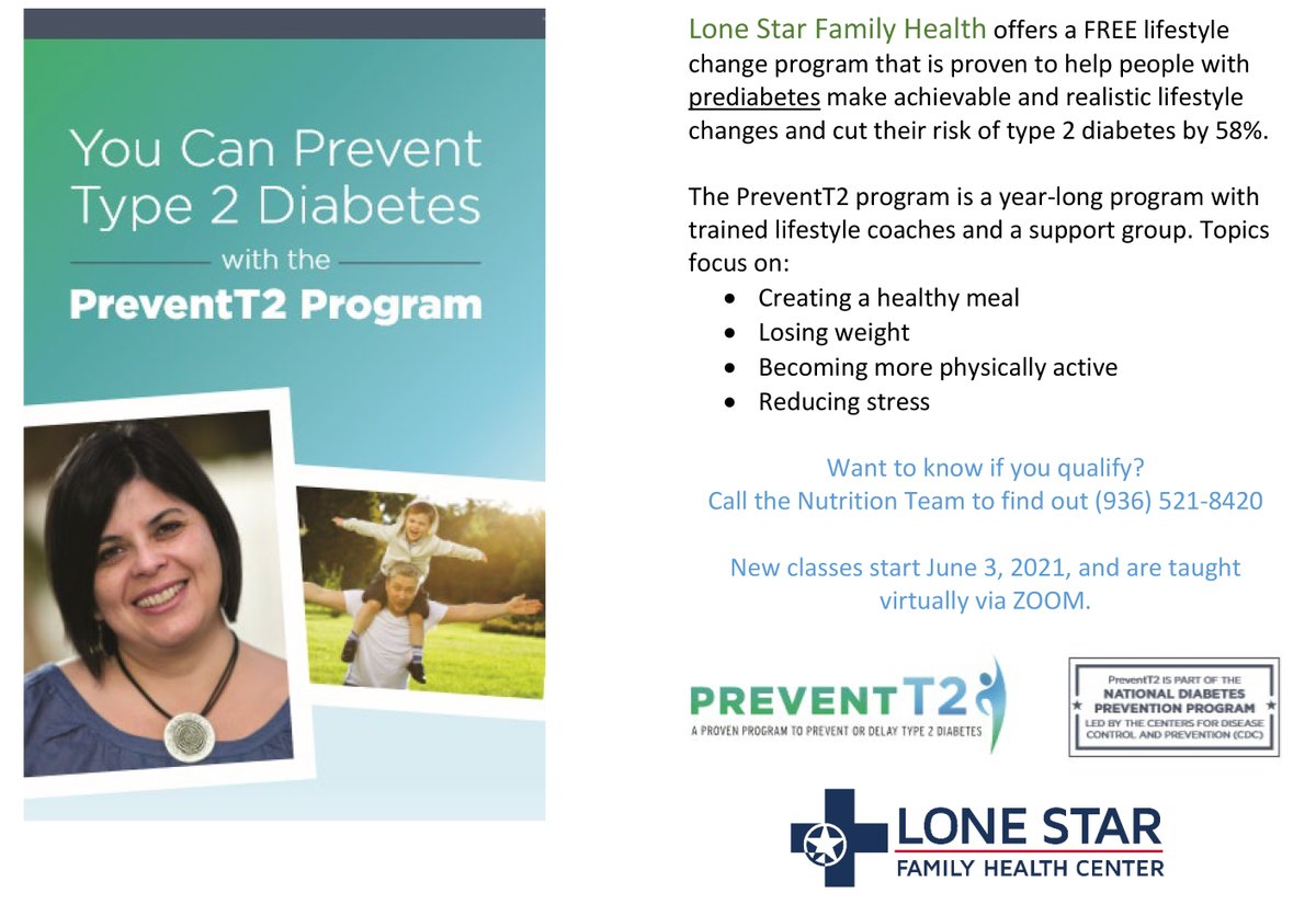 Reduce your risk for developing diabetes with our FREE PreventT2 Program. Starts June 3 via Zoom. Call 936.521.0840 for more info. 
#lonestarfamilyhealthcenter #lsfhc #health #wellness #nutrition #affordablehealthcare #familymedicine #family #children #diabetes #prediabetes