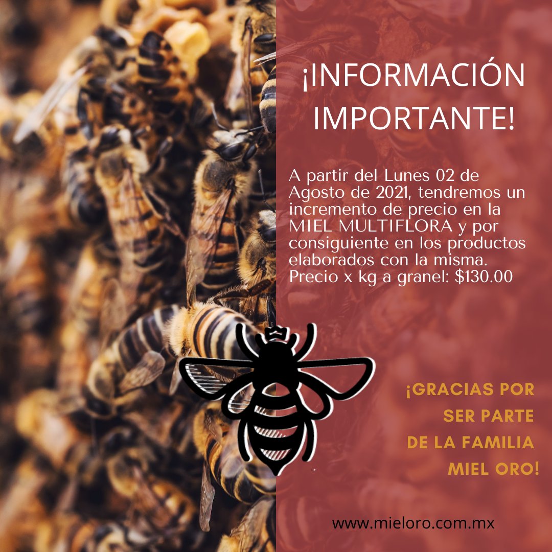 ¡INFORMACIÓN IMPORTANTE!
Le informamos a nuestros clientes que tendremos una aumento de precio a partir del 02 de Agosto de 2021. #soymieloro