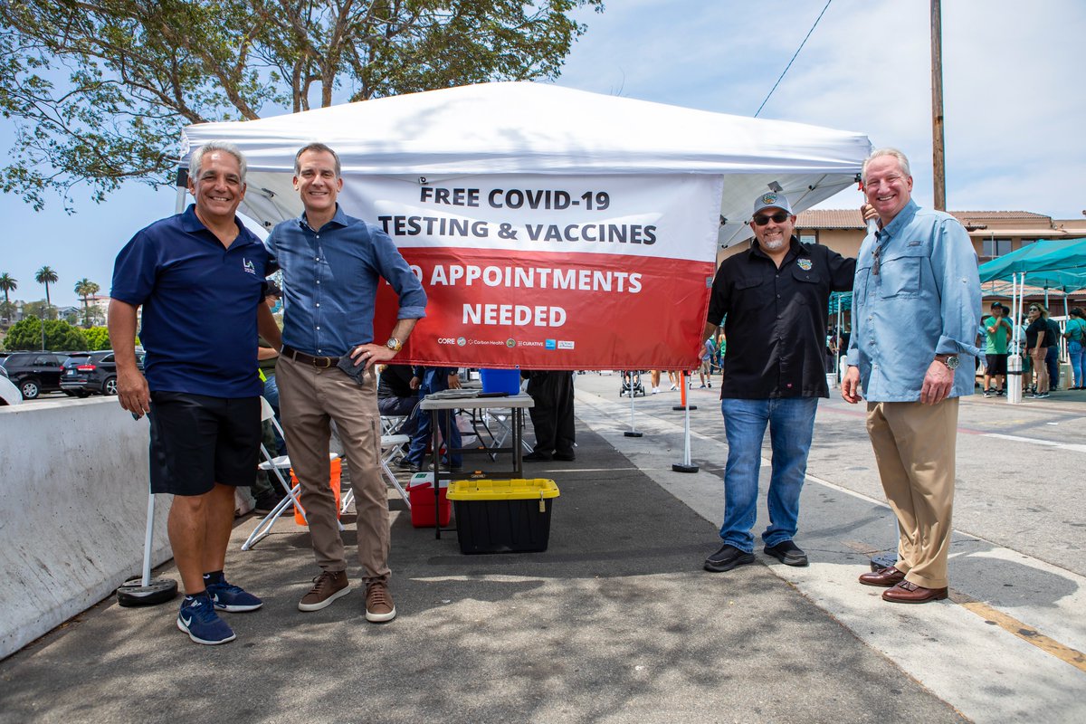 Mayor Eric Garcetti visits the pop-up mobile vax clinic at San Pedro Fish Market where free COVID testing and vaccines are being offered to the public.