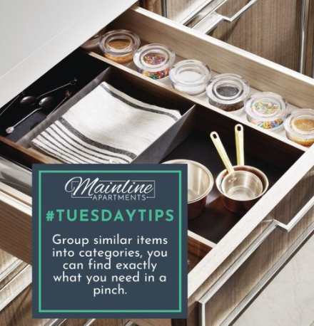 MainLineApts's tweet image. It's time for another#TuesdayTip! Group similar items into categories, you can find exactly what you need in a pinch. In this case, the most-used baking tools were kept together, along with a range of sprinkles and sugars for decorating sweet treats.