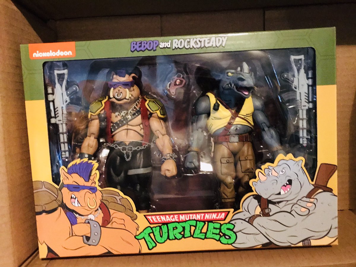 PateeSondra's tweet photo. @NECA_TOYS a long year wait was worth it for these boys !! If you have enough patients it pays off ,Thank you!! #Rocksteadyandbebop #NECA #TMNT #KevinEastman #PeterLaird #ShellYeeaahhh #Cowabunga #Turtlepowa https://t.co/xCjodan1MY