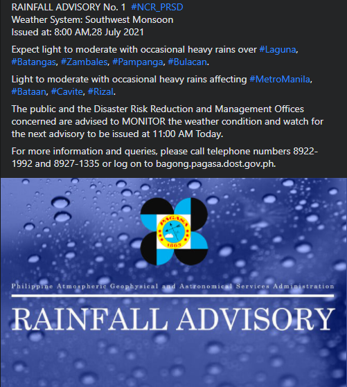 dost_pagasa's tweet photo. RAINFALL ADVISORY No. 1 #NCR_PRSD
Weather System: Southwest Monsoon
Issued at: 8:00 AM,28 July 2021 https://t.co/pcV9Ype2uG