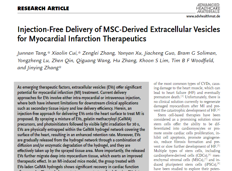 Hot of the press 🥸! Have a look at this work lead by Dr Steven Cui in the group with collaborators. We used light-activated gels to deliver EVs to the surface of the heart via in situ irradiation <a href="/ASBTE1/">ASBTE</a> <a href="/Tim_WoodfieldNZ/">Tim Woodfield</a> #biomaterials 
onlinelibrary.wiley.com/doi/10.1002/ad…