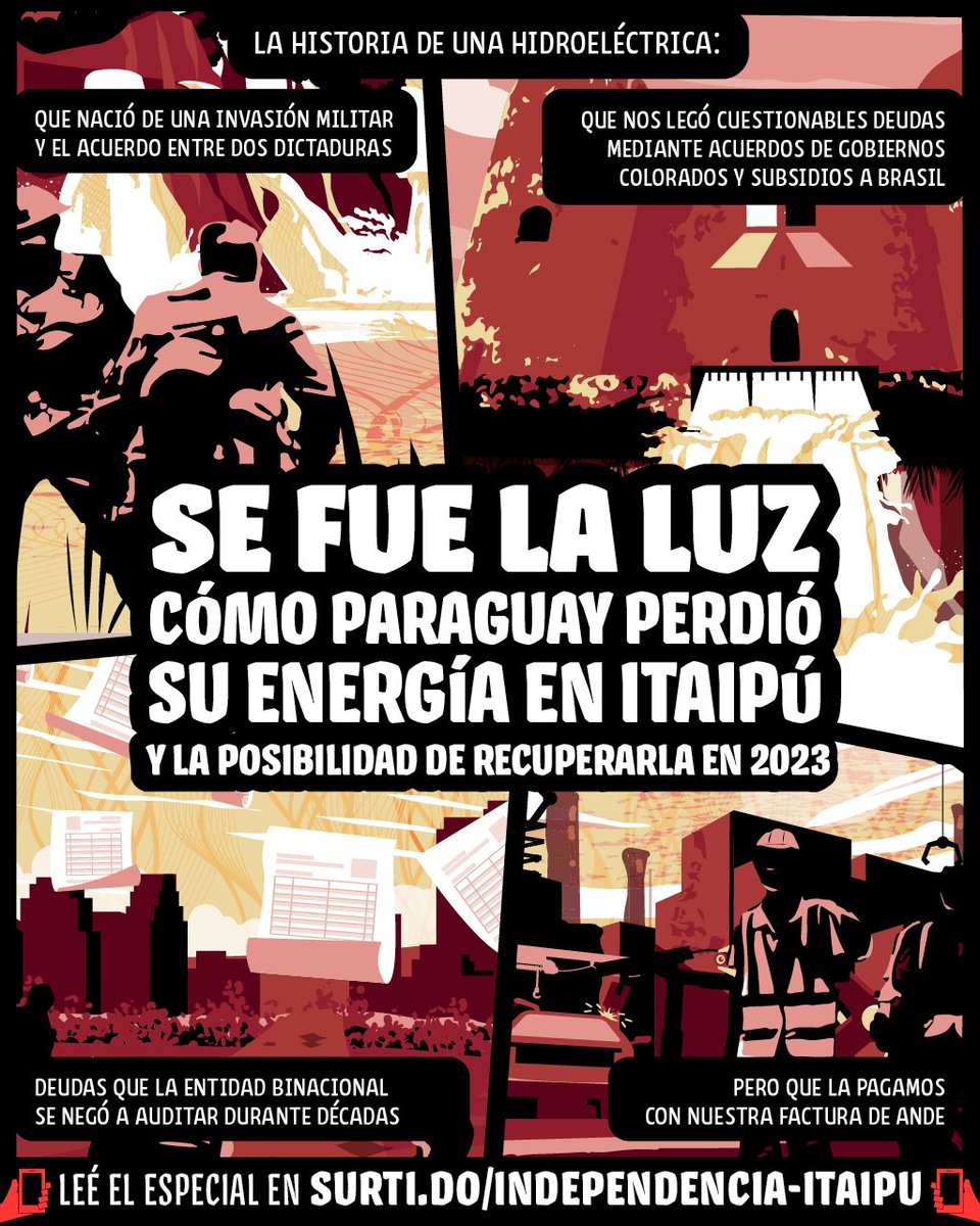 📋El informe de Contraloría sobre la deuda de Itaipú es un capítulo más en la historia de una hidroeléctrica nacida del acuerdo de dos dictaduras.

En #SeFueLaLuz recopilamos cómo Paraguay perdió su energía. Y lo que está al alcance si la recuperamos 👉surti.do/independencia-…