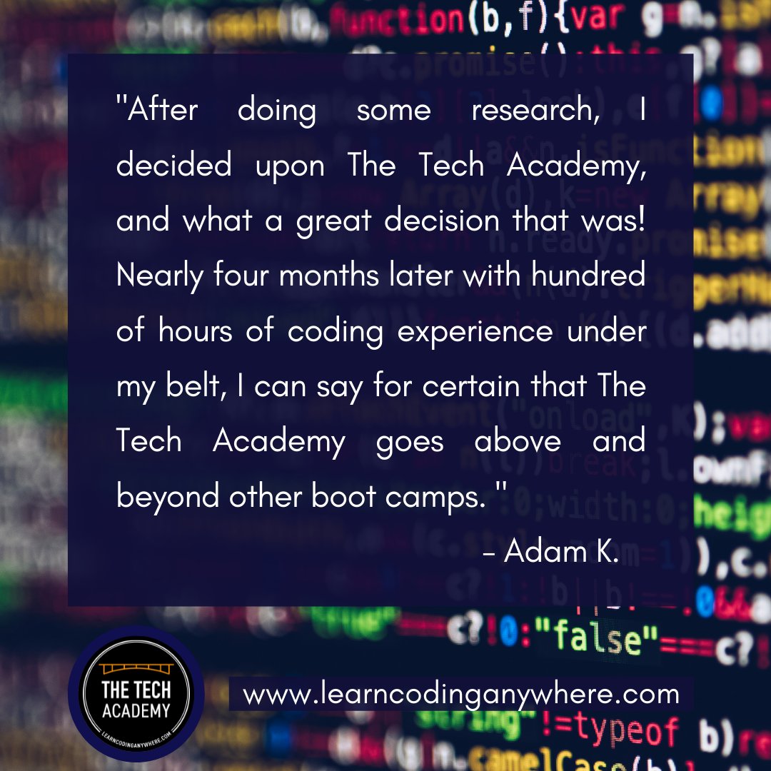 TheTechAcad's tweet image. Check out Adam&apos;s review on The Tech Academy. Happy to hear that our graduates enjoyed their experience with our boot camp!

Join us TODAY at bit.ly/contactTTA

#learncodinganywhere #thetechacademy #cybersecurity #datascience #webdevelopment #javascript #python #fullstack