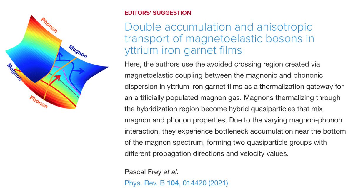 PhysRevB's tweet image. PRB Editors&apos; Suggestion: Double accumulation and #anisotropic #transport of #magnetoelastic #bosons in #YIG films

P. Frey, D. A. Bozhko, V. S. L&apos;vov, B. Hillebrands, and A. A. Serga
Phys. Rev. B 104, 014420
#physics #condmat #EdSugg @APSPhysics

Article: go.aps.org/3iKXmfX