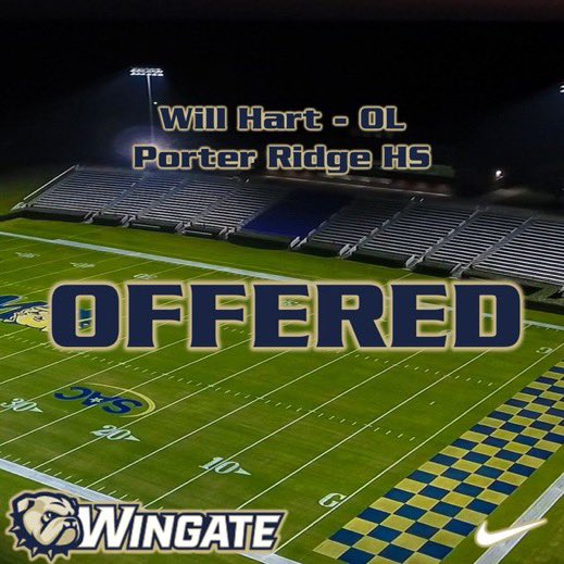 After a awesome camp on Saturday and a great phone call with <a href="/RockJordan15/">Coach Jordan</a>, I am excited to announce that I have received an offer from <a href="/WingateFb/">Wingate Bulldogs Football</a> #Onedog @NickVagnoneWU <a href="/Reich_WingateFB/">Joe Reich</a> @Coach_Keziah <a href="/PorterRidgeFB/">Porter Ridge Football</a> <a href="/Dabigman41/">Damien Jackson</a>