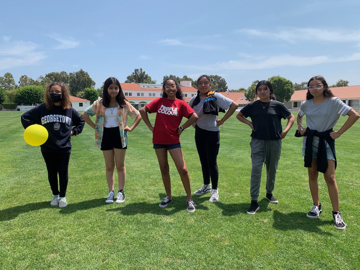 BTSJC's tweet image. Pictured is Kiara with her amazing group of 7th graders representing USC. They are here to tell you to have a productive and fun-filled Tuesday! #BreakthroughTogether #Summer2021 #USC