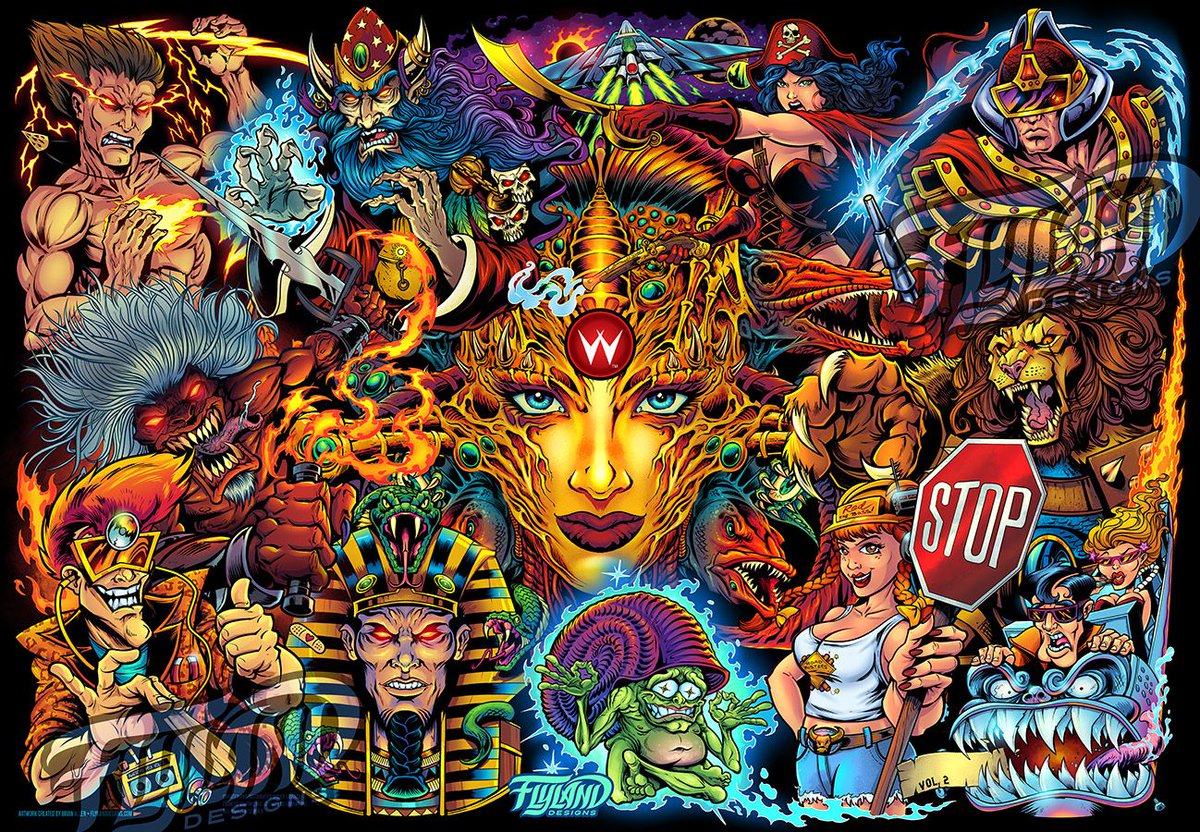 flylanddesigns's tweet photo. NEW TRANSLITE! - proud to share this new illustration packed with characters from 14 different classic Williams Pinball games. Available as Translites, Art Prints, and giant Vinyl Banners in my shop!
#williams #pinballart #pinballartwork #pinball #pinballmachine https://t.co/HmF2dpQS9P