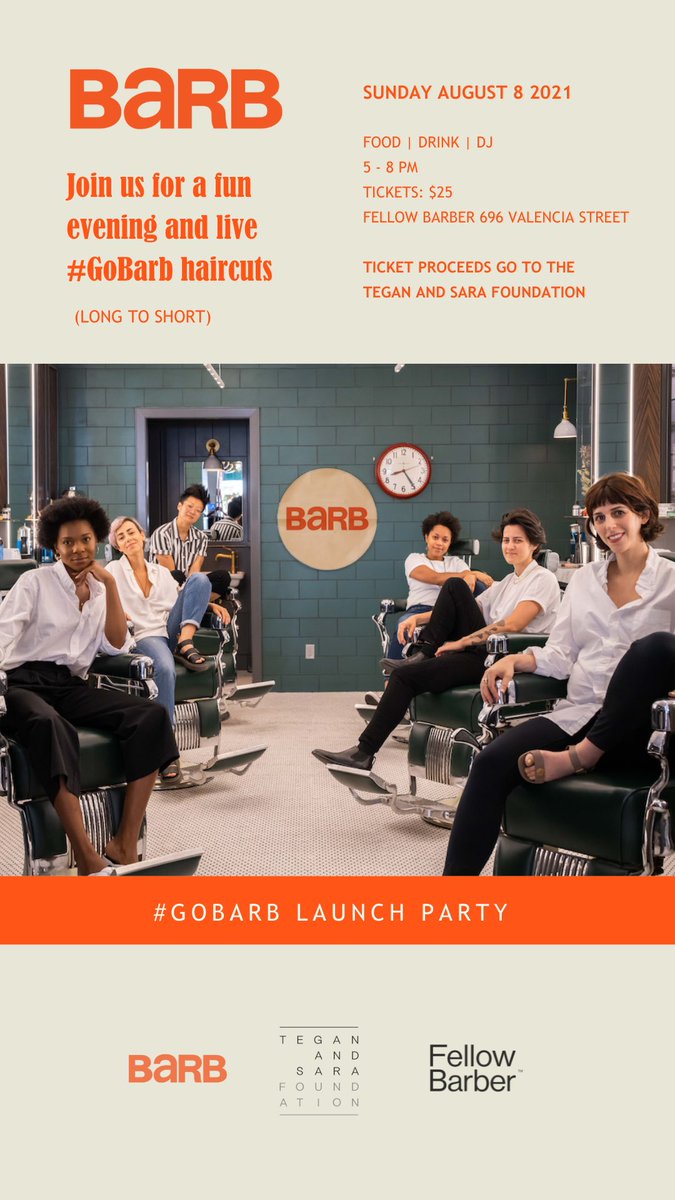 teganandsarafdn's tweet photo. Bay Area friends! The Barb Shop is hosting an awesome #GoBarb launch party Aug.8! There will be live Drag King performances, dancing, food and more. All ticket proceeds go to @teganandsarafdn! Link to tickets here: https://t.co/3cyk7loTiE 💈🧡 https://t.co/RTgck9l7Yr