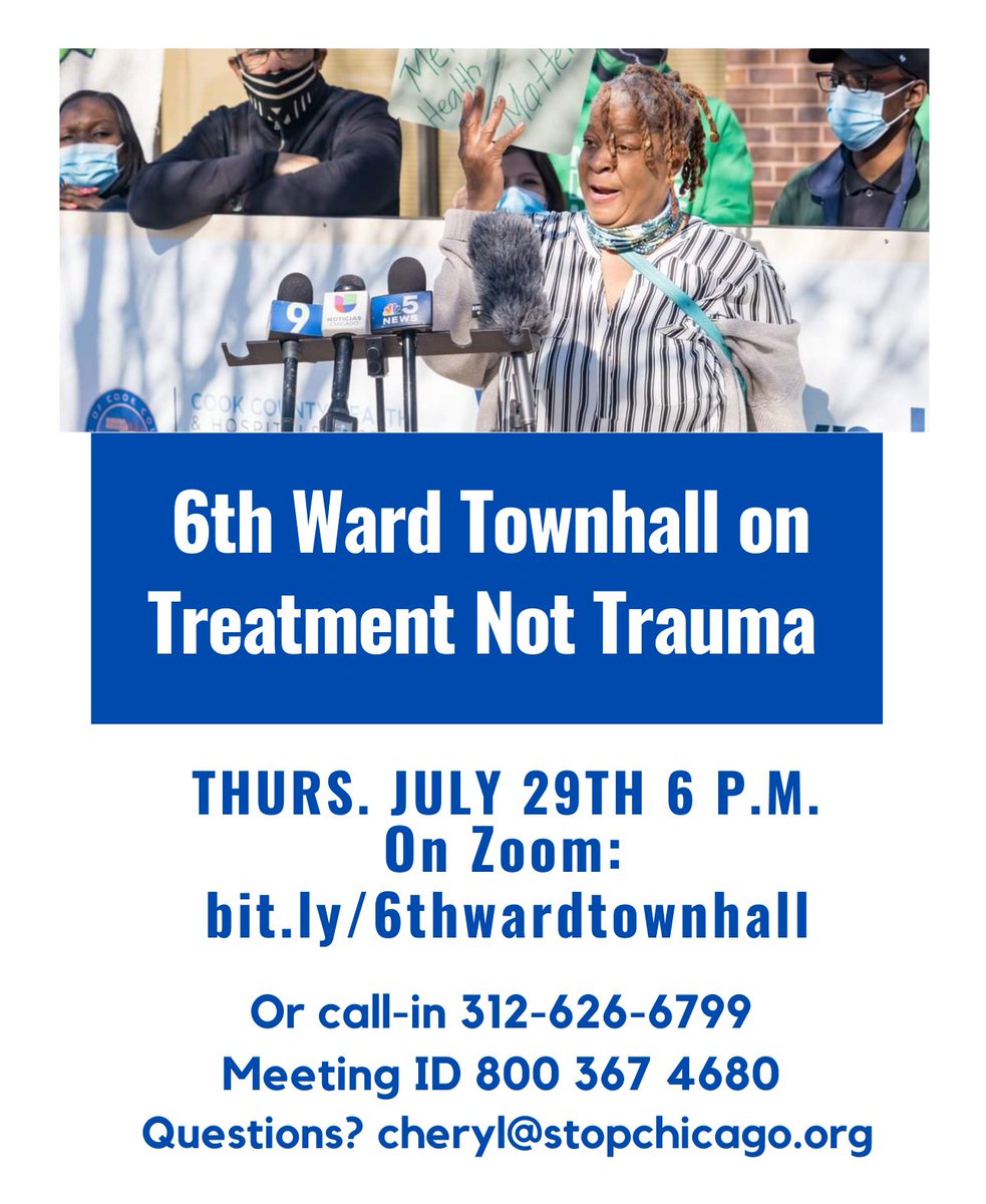 ChicagoMHM's tweet photo. Join us, @STOPchicago, and Chicago's Collaborative for Community Wellness if you're in the 6th ward! Or invite friends from there!

You're as important as ever to passing #TreatmentNotTrauma -- police-free mental-health response -- in Chicago's City Council. https://t.co/kTBuvXF4k6