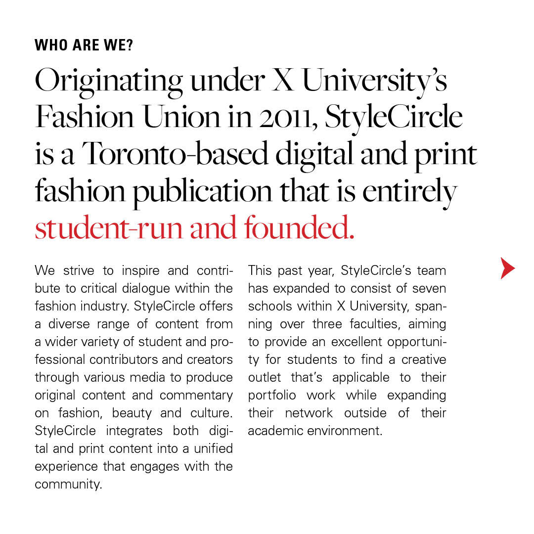 stylecircle_org's tweet photo. Interested in applying but want to get to know us a bit better? StyleCircle is a Toronto-based digital and print fashion publication that is entirely student-run and founded, striving to inspire critical dialogue within the fashion industry. https://t.co/nMPpxFchxu