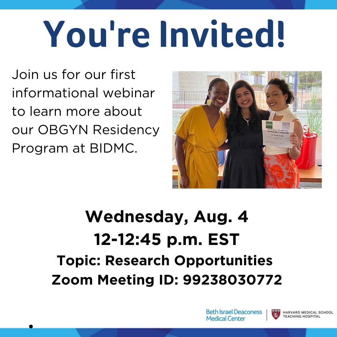 BIDMC OBGYN Residency at Harvard Medical School (@bidmcobgynrez) on Twitter photo Calling all <a href="/bidmcobgynrez/">BIDMC OBGYN Residency at Harvard Medical School</a> applicants! Join us next week for an informational webinar focused on Research Opportunities to learn more about our program! Join us here: zoom.us/j/99238030772?⦠#obgyntwitter #obgynresident #Boston #BIDMC Calling all <a href="/bidmcobgynrez/">BIDMC OBGYN Residency at Harvard Medical School</a> applicants! Join us next week for an informational webinar focused on Research Opportunities to learn more about our program! Join us here: zoom.us/j/99238030772?⦠#obgyntwitter #obgynresident #Boston #BIDMC