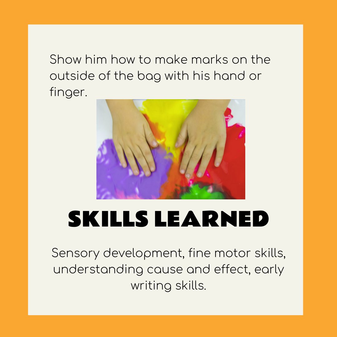 explore_akily's tweet photo. BAGGY FINGERPAINTING!
#activityfrom12monthsoldandover
-Materials needed: Washable finger paint, a gallon-size zippered freezer bag, tape.
-Skills learned: Sensory development, fine motor skills, understanding cause and effect, early writing skills.

https://t.co/0q4FztaLLU https://t.co/nl0HeZvVvZ