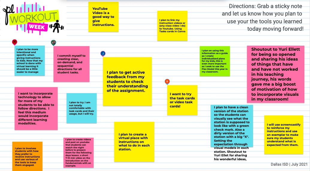 MsAngieLeal's tweet photo. Super excited to see all the reflections and commitments these amazing educators will try out next year!! Thanks @PersonalizeDISD for the opportunity to collaborate 💡 #clearinstructions #PLWorkoutWeek @HBGonzalezPLA https://t.co/Dgg7I96YH3
