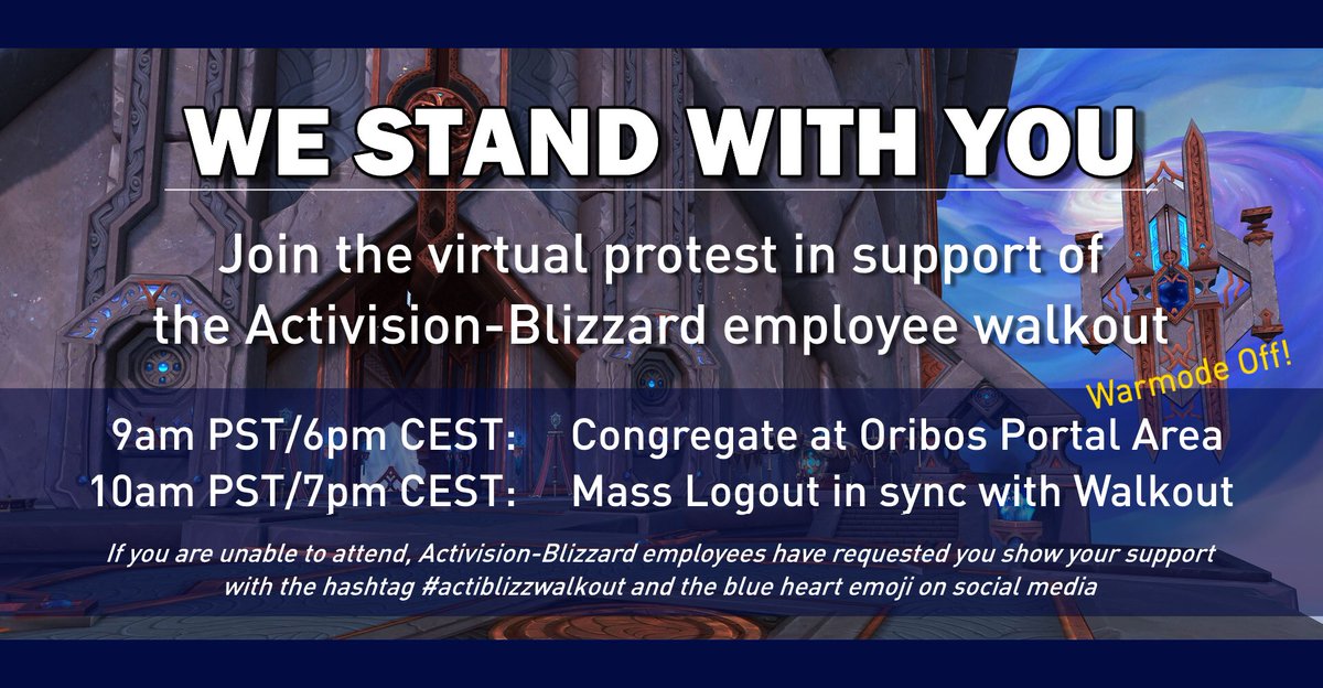 theperkypugs's tweet photo. Join us for a virtual protest and walkout in support of the #actiblizzwalkout. Tomorrow July 28th at 10am PST Activision Blizzard employees will be holding a formal walkout in protest for better working conditions for women and other marginalized group. https://t.co/DL5aGIJC2r