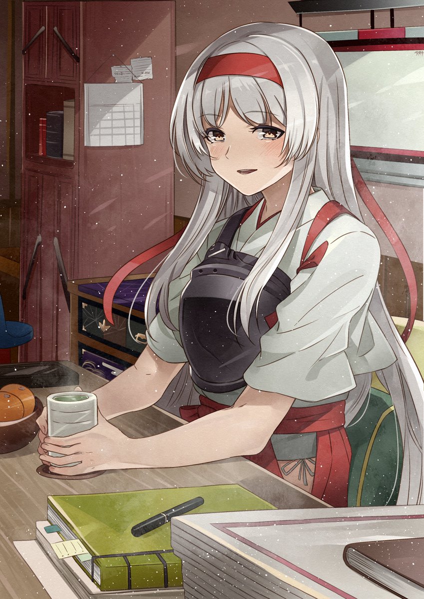 shoukaku (kancolle) 1girl solo japanese clothes long hair muneate cup hakama  illustration images