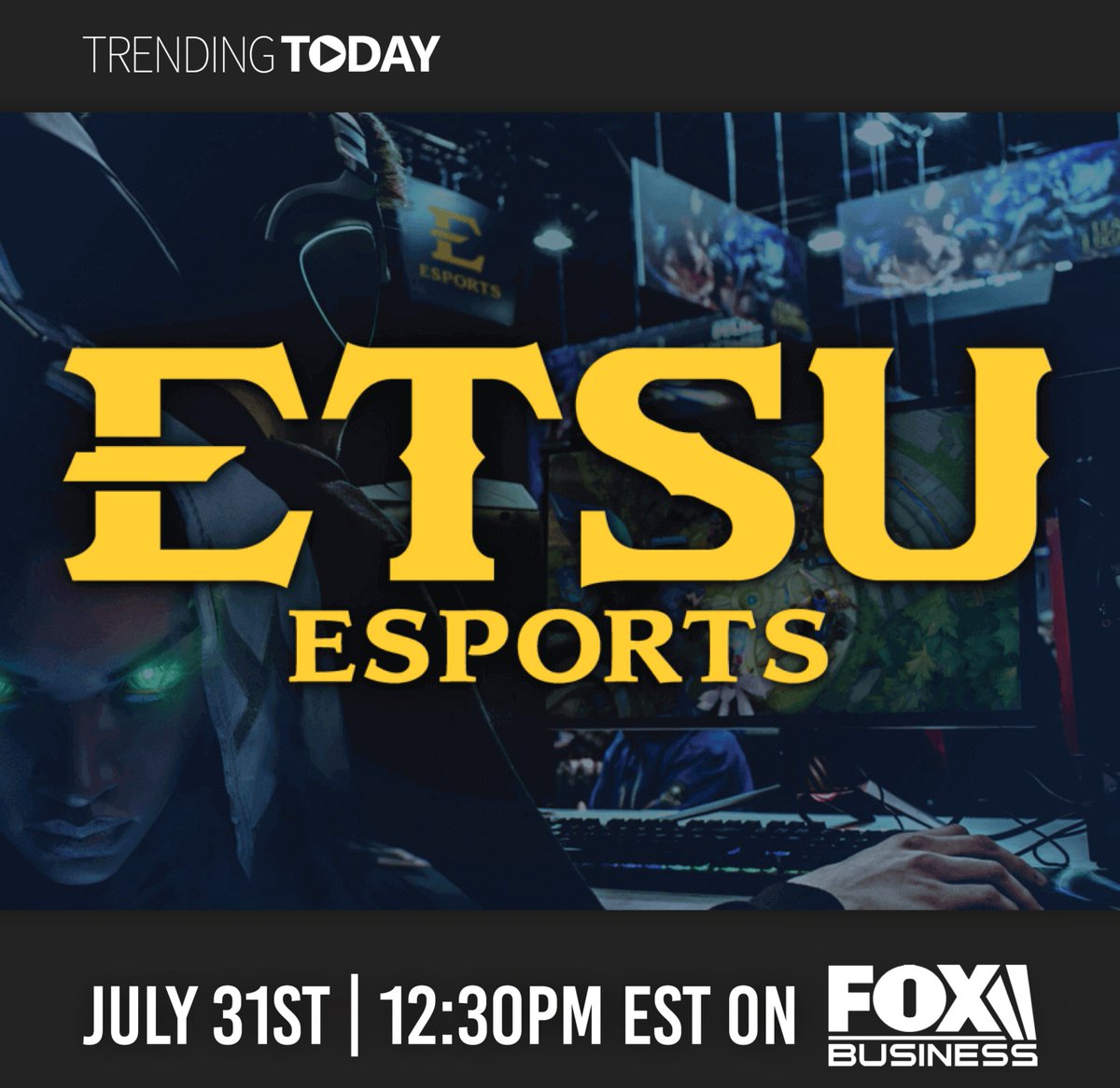 ETSU Esports is excited to announce that we will be featured on Fox Business's "Trending Today" July 31st at 12:30 P.M. EST. This show highlights businesses, schools and organizations that are setting trends within their field.