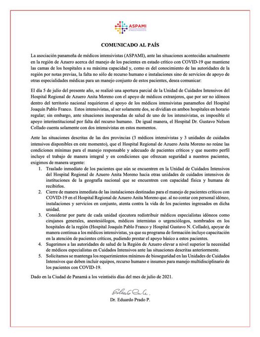 La Asociación Panameña de Médicos Intensivistas (ASPAMI) solicitó, de manera urgente, a las autoridades de Salud el cierre “inmediato” de la unidad de cuidados intensivos (UCI) del Hospital Regional de Azuero Anita Moreno, en Los Santos.
