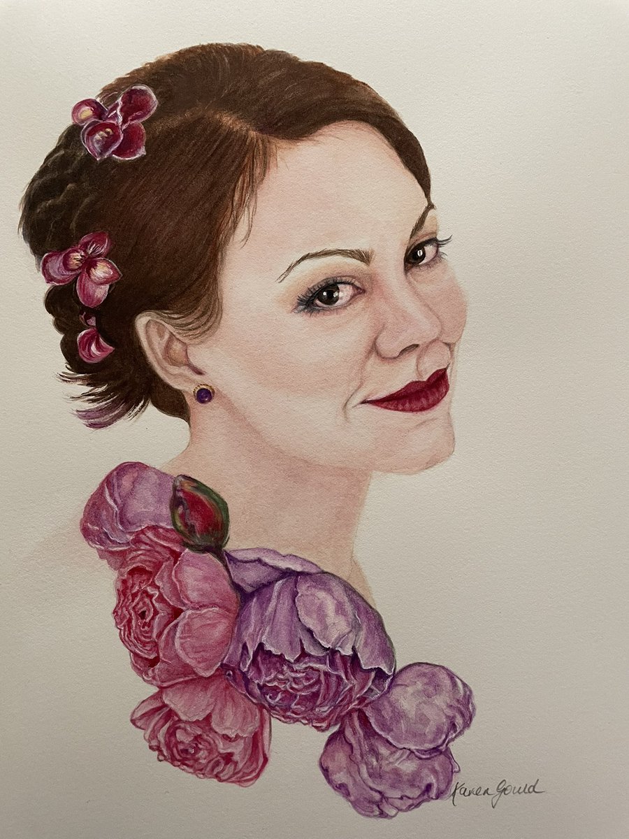 Helen in watercolour. 
I read Helens favourite colour was red, the little red bud rose is for you Dame Helen, a beautiful lady & truly amazing actress 💞 so very much missed #kgtimeforart #stcmill #karengouldart #helenmccrory #damianlewis #PeakyBlinders