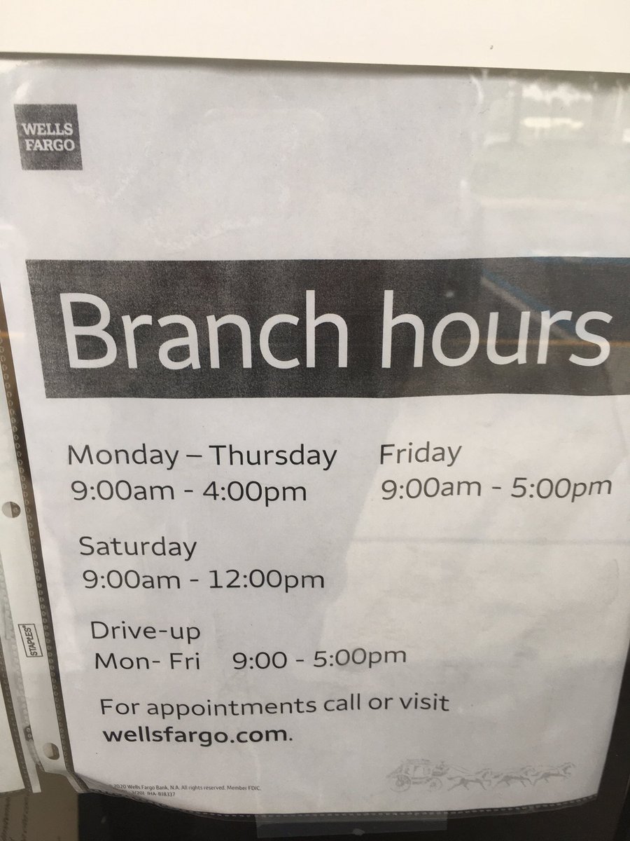 What’s up with customer service <a href="/WellsFargo/">Wells Fargo</a> Reduced hours, must make an appointment sometimes a week in advance to get into your safe deposit box or get a notary? 🤷‍♀️ to offer good customer service you gotta be where AND when your customers are. 👋 you are not! Adios!