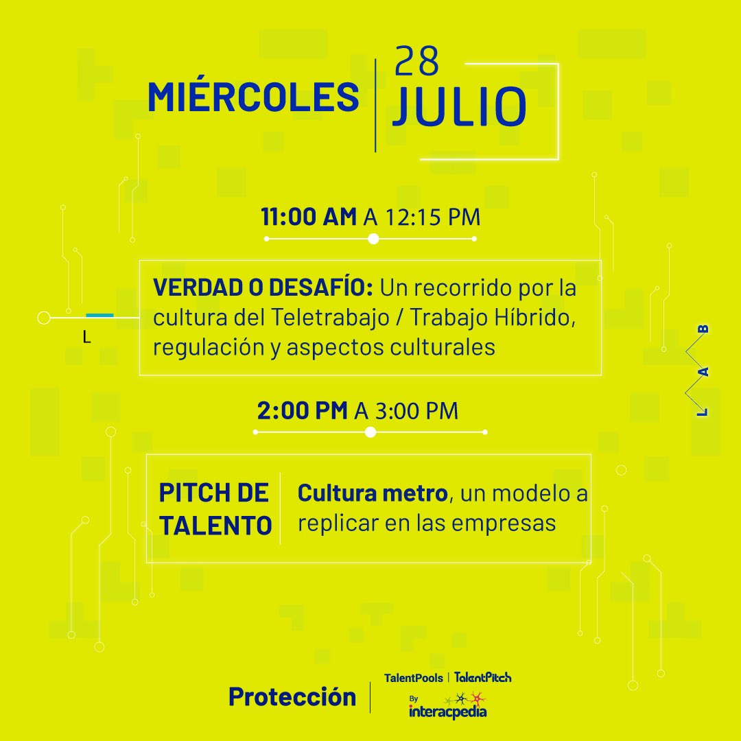 proteccion's tweet photo. ¿Sueñas con conocer a los más tesos? 🤩Conéctate mañana 28 de julio con ese talento que quiere encontrarte. #LabDeTalento 🙌🏻
Ingresa a través 👉🏻 https://t.co/pwF3QY8Ti5
En alianza con @interacpedia https://t.co/dkPsROtJGr