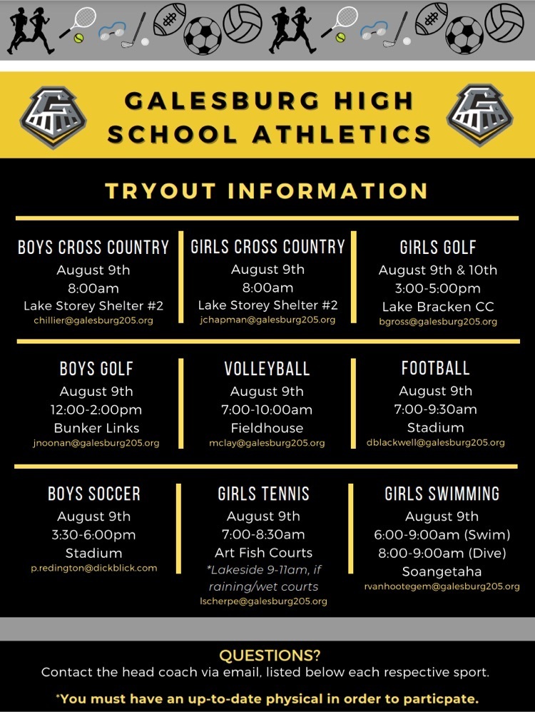 Galesburg_HS's tweet photo. Galesburg High School tryout  information! If you have individual questions, please contact the coach with the email provided in the image. https://t.co/WkjVutwe9K