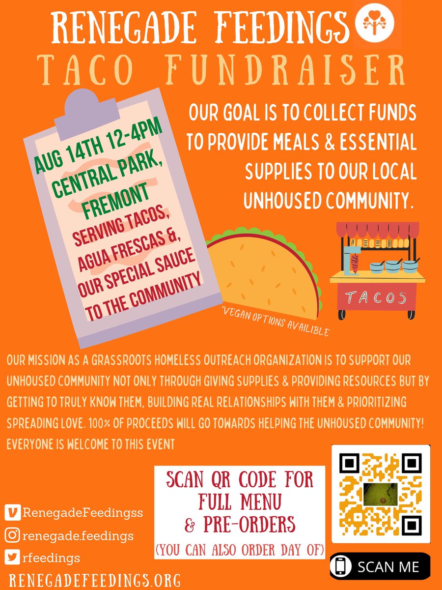 rfeedings's tweet photo. RENEGADE TACO FUNDRAISER 🌮
📅 SAT 8/14, 12-4pm
📍CENTRAL PARK, FREMONT

100% of proceeds will go to our local unhoused community. Bring your friends &amp; family for a fun time &amp; to connect with your community! 🧡

Pre-order link:
https://t.co/IsE4JN6anO https://t.co/x47uHoi3dV