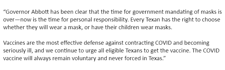 alcaprari23's tweet photo. NEW: I asked @GovAbbott if he'll give Texas school districts the ability to enforce mask-wearing now that the CDC has recommended everyone in the K-12 setting wear a mask indoors, regardless of vaccination status.

Here's how the Governor's press secretary responded: https://t.co/0VuKq0Eofj