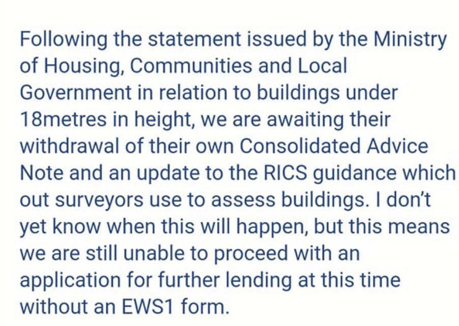 ⁦<a href="/RobertJenrick/">Robert Jenrick</a>⁩ it looks like you didn’t speak to the banks about the change in buildings under 18 meters not needing EWS1 before making your statement last week. Please can you update them, better still bring some legislation in.