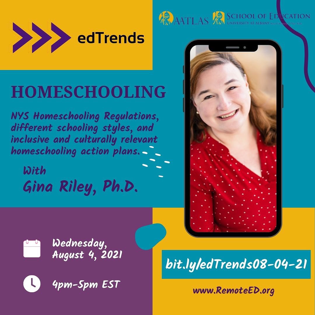 AatlasEd's tweet photo. Join us next week August 4 @ 4 pm Eastern Time on edTrends as we discuss NYS Homeschooling Regulations, different schooling styles, and inclusive and culturally relevant homeschooling action plans with @professorgriley Register at https://t.co/KdVRzWVF7i https://t.co/b4Mb2GlTH1