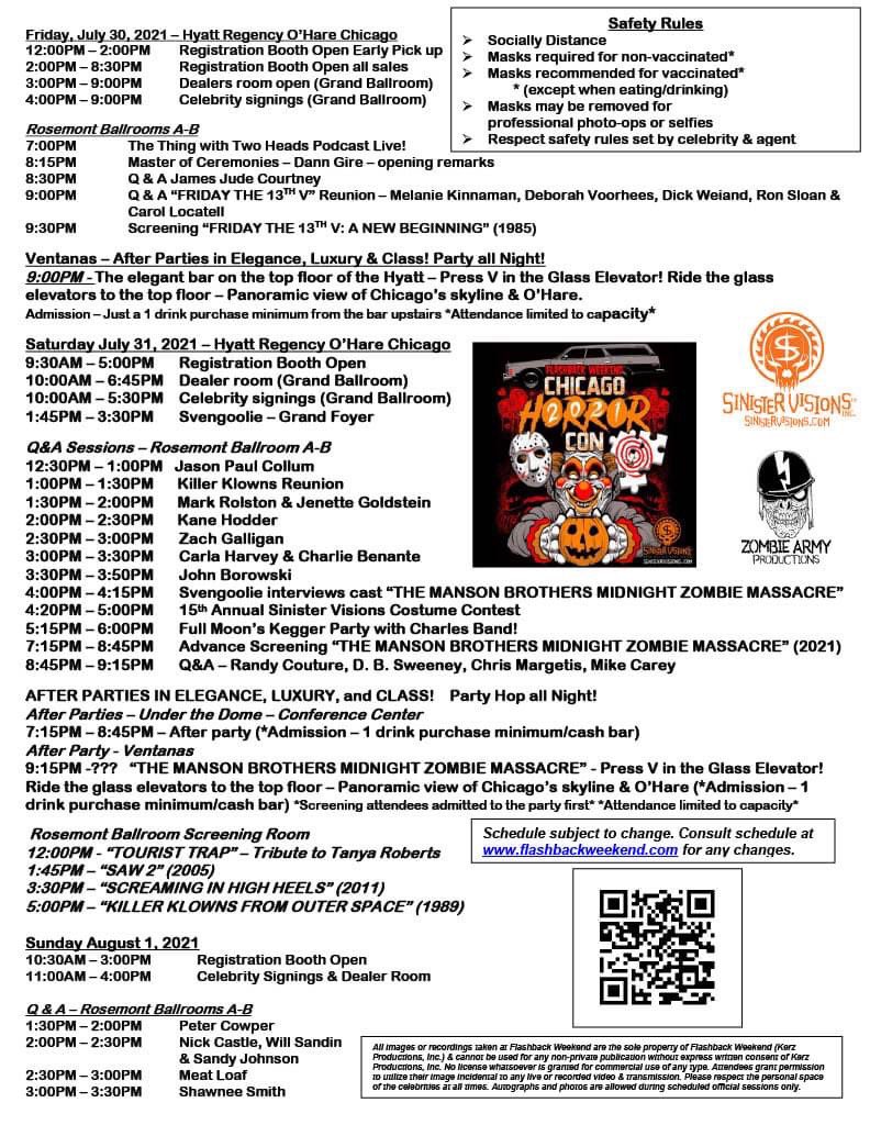 Flashback_Mia1's tweet photo. Here is our Flashback Weekend Chicago Horror Con 2021 schedule.  A QR code is included. The safety policies are included on the schedule. Tickets and Celeb Photo-Ops and additional info at https://t.co/oGgGOKmoLQ https://t.co/knPqTDtgeq