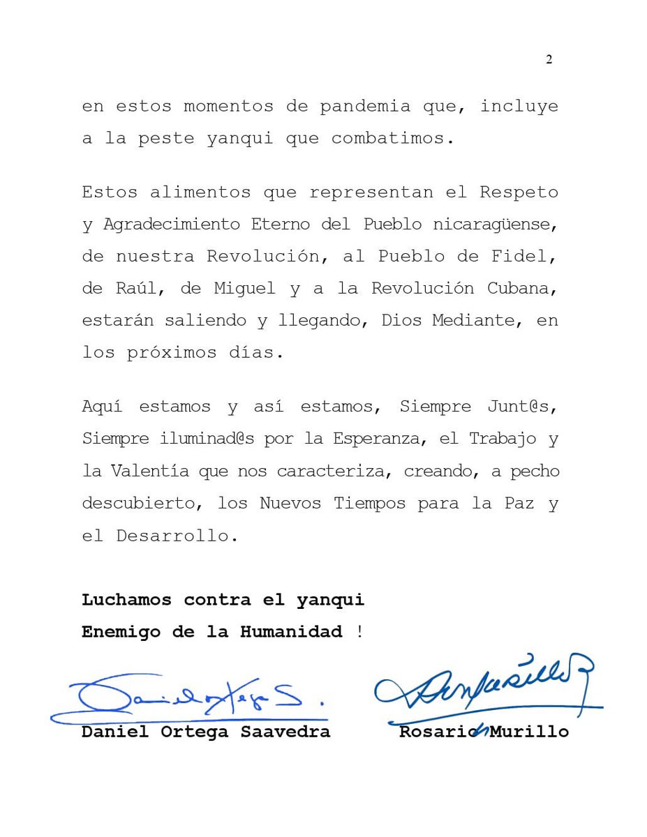 M0R1TA_'s tweet photo. #Nicaragua || nuestro comandante Daniel y la Cra Rosario envían msj al pueblo hermano de la República de #Cuba 

En apoyo y solidaridad ante los gestos de injerencia de la @OEA_oficial 
Luchamos contra el yankee enemigo de la humanidad!
@DeZurdaTeam https://t.co/CjXdJDXYOp